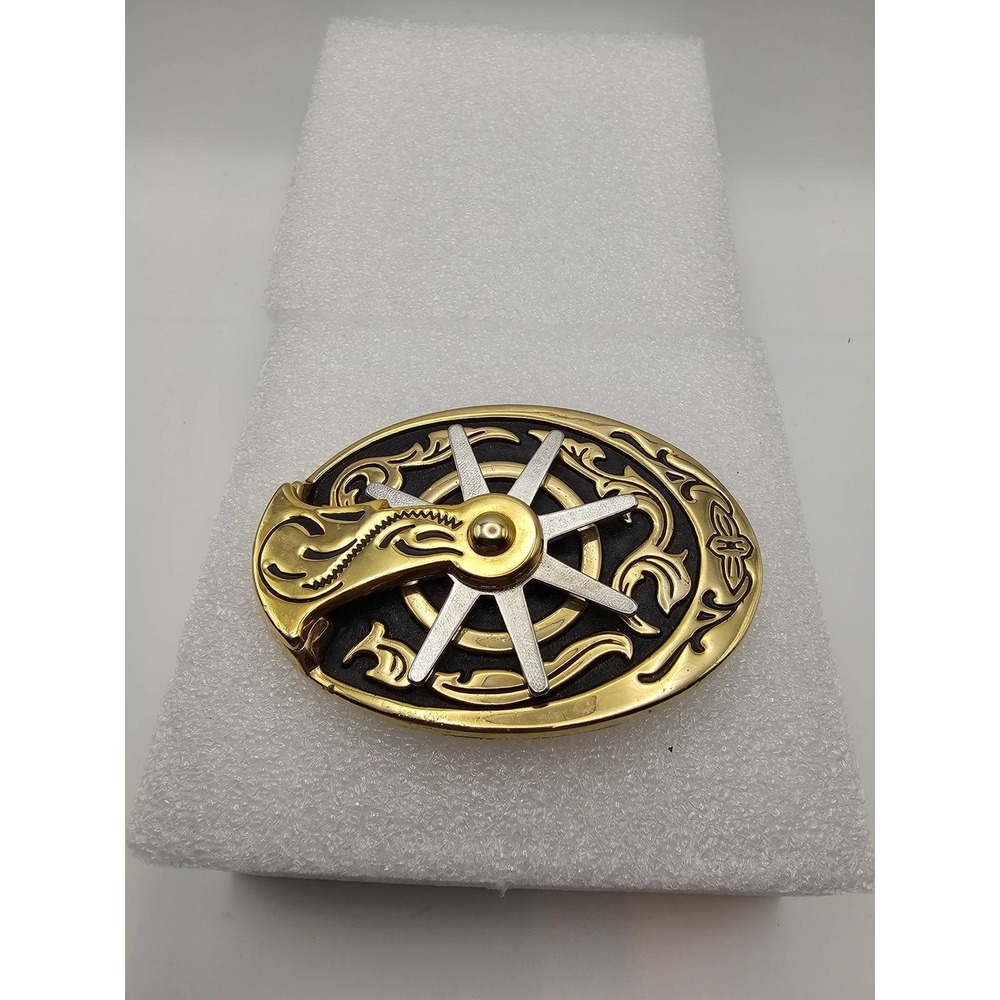 Vintage Western Spur Belt Buckle Gold Silver Two Tone Oval Floral Filigree Mens